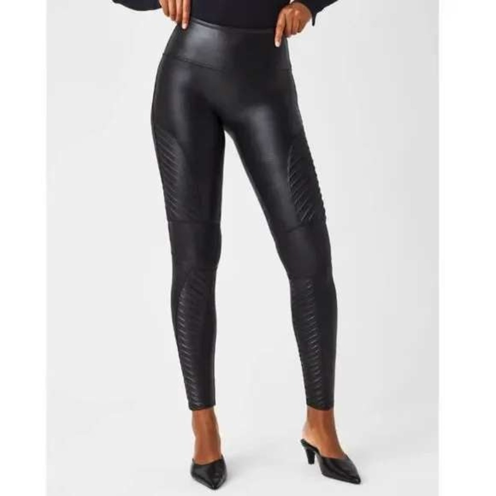 Spanx Faux Leather Moto Leggings Size M Black High Rise Shaping Contour Edgy